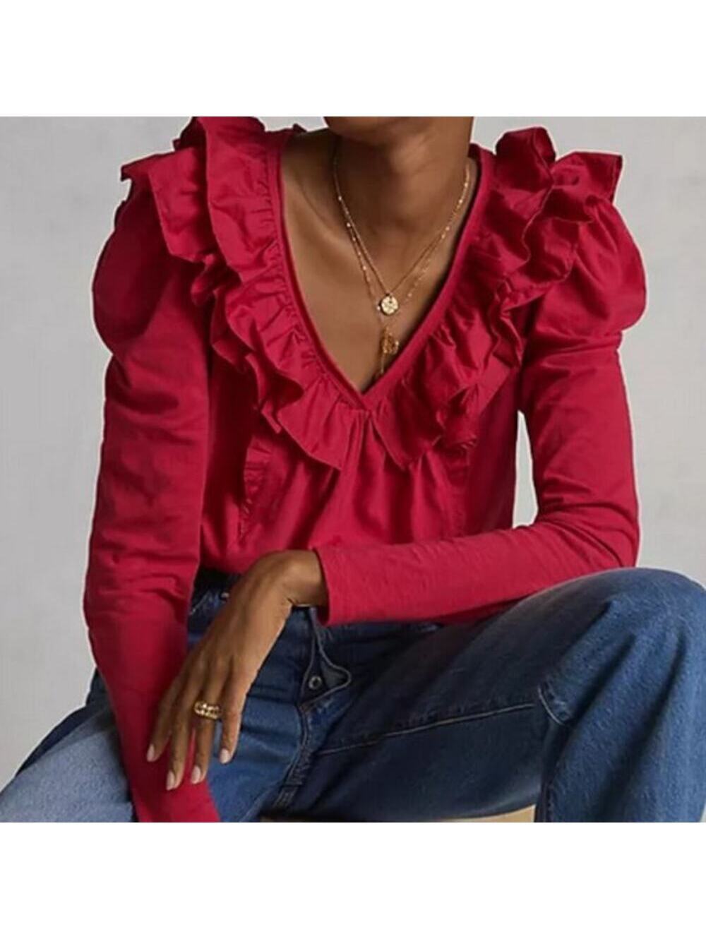 Anthropologie EUC Women's Pinkish Red Ruffle V-Neck Pullover Knit Top Size XS